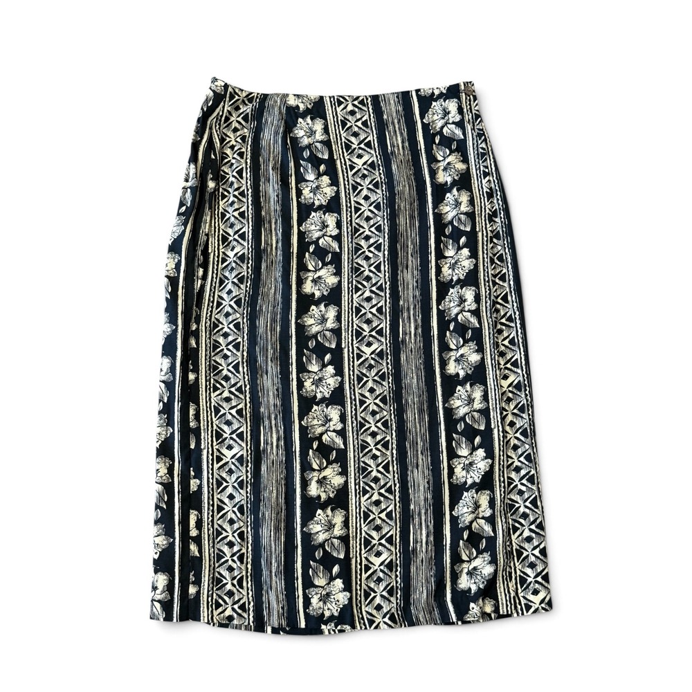 Abria Vintage Floral Geometric Striped Midi Skirt Black Cream Made in Canada 16‎